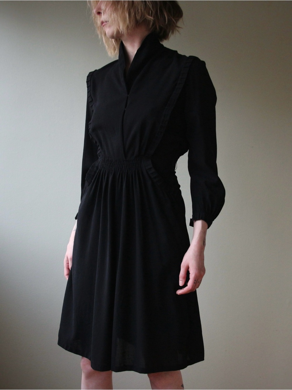 1930's Wool Crepe Little Black Day Dress
